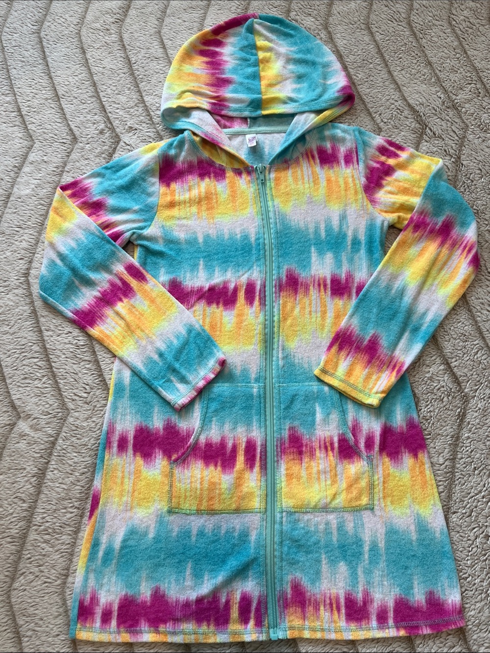 SO Kids Tie-Dye Hooded Zip-Up cover up in Aqua, Yellow & Magenta